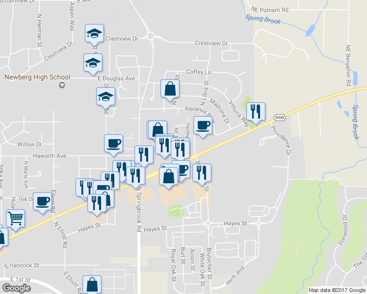 map of restaurants, bars, coffee shops, grocery stores, and more near 1109 NE Hadley Rd in Newberg