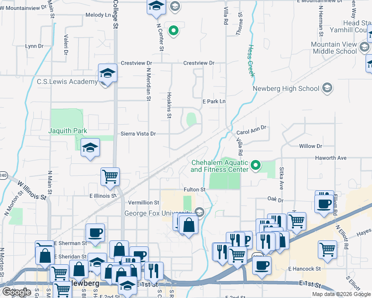 map of restaurants, bars, coffee shops, grocery stores, and more near 1203 South Pennington Drive in Newberg