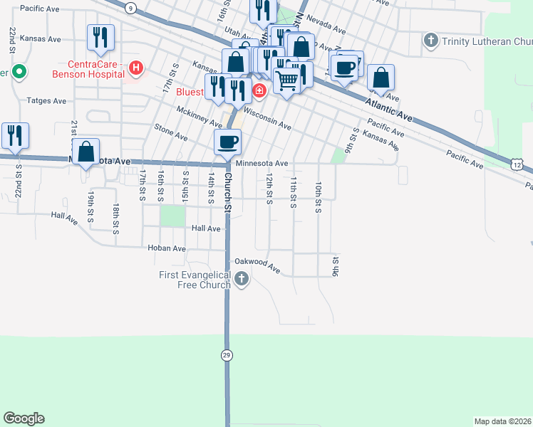 map of restaurants, bars, coffee shops, grocery stores, and more near 728 12th Street South in Benson