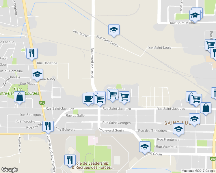 map of restaurants, bars, coffee shops, grocery stores, and more near 293 Rue Morel in Saint-Jean-sur-Richelieu