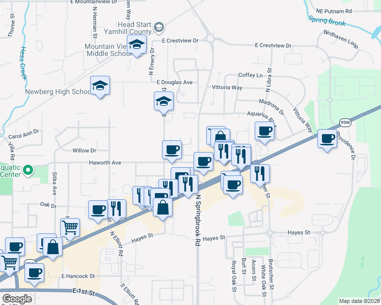 map of restaurants, bars, coffee shops, grocery stores, and more near 1126 North Springbrook Road in Newberg