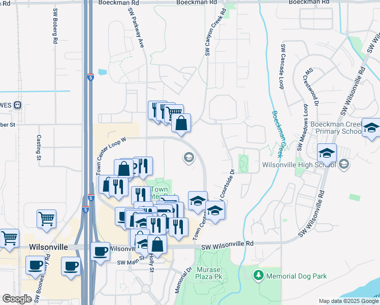 map of restaurants, bars, coffee shops, grocery stores, and more near 29345 Southwest Town Center Loop East in Wilsonville