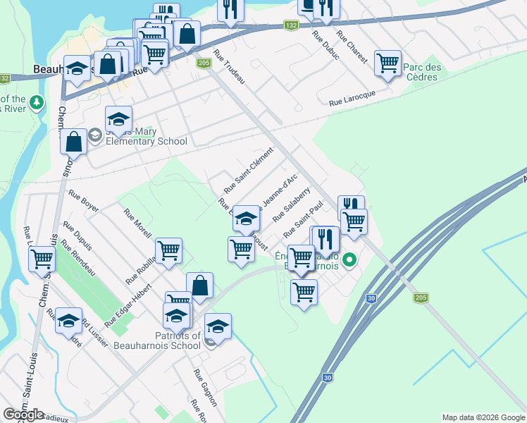 map of restaurants, bars, coffee shops, grocery stores, and more near 556 Rue Jeanne-d'Arc in Beauharnois