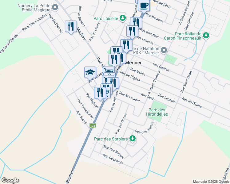 map of restaurants, bars, coffee shops, grocery stores, and more near 2 Rue Saint-Laurent in Mercier
