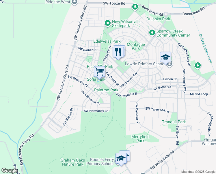 map of restaurants, bars, coffee shops, grocery stores, and more near 28996 Southwest Costa Circle East in Wilsonville