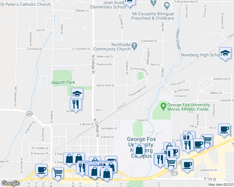 map of restaurants, bars, coffee shops, grocery stores, and more near 1200 North Meridian Street in Newberg