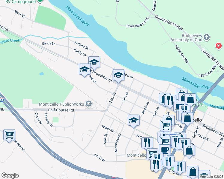 map of restaurants, bars, coffee shops, grocery stores, and more near 818 West Broadway Street in Monticello