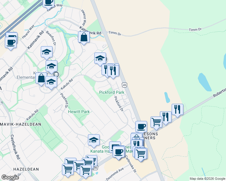 map of restaurants, bars, coffee shops, grocery stores, and more near 113 Pickford Drive in Ottawa