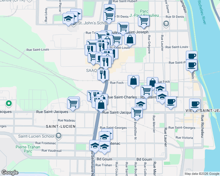map of restaurants, bars, coffee shops, grocery stores, and more near 86 Rue Marchand in Saint-Jean-sur-Richelieu