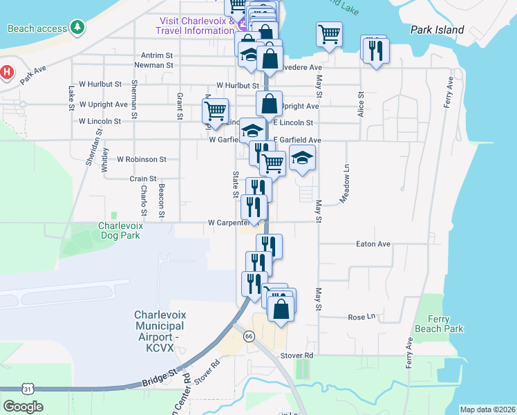 map of restaurants, bars, coffee shops, grocery stores, and more near 101-199 East Green Street in Charlevoix