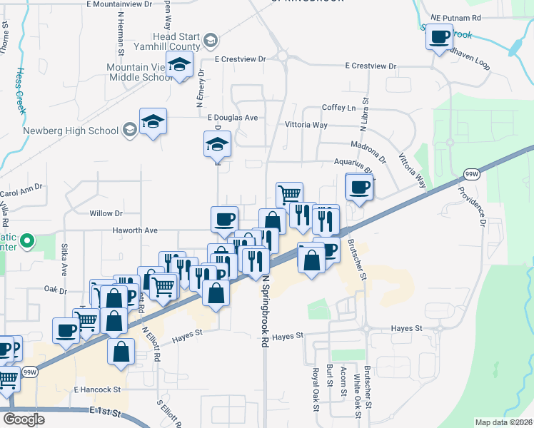 map of restaurants, bars, coffee shops, grocery stores, and more near 1126 North Springbrook Road in Newberg