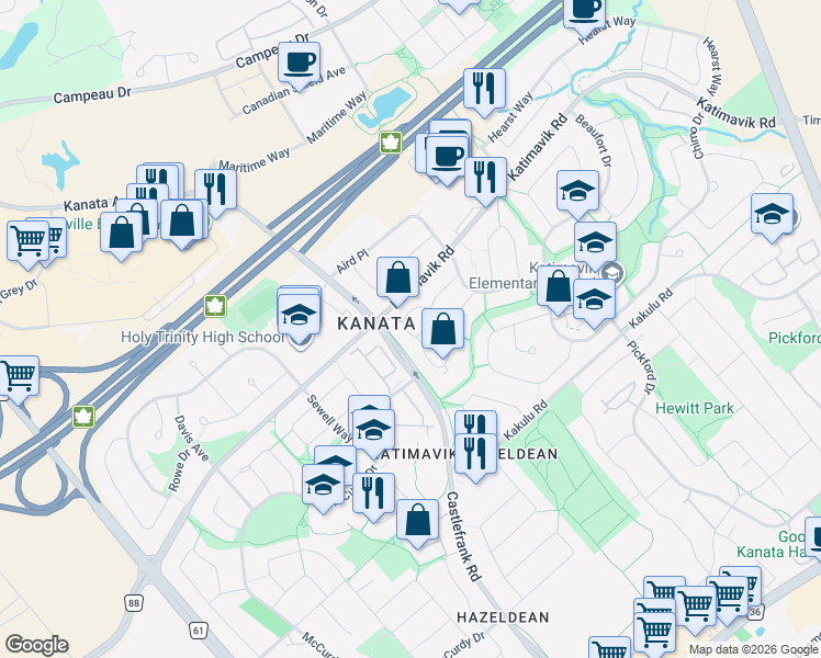map of restaurants, bars, coffee shops, grocery stores, and more near 59 McClintock Way in Ottawa