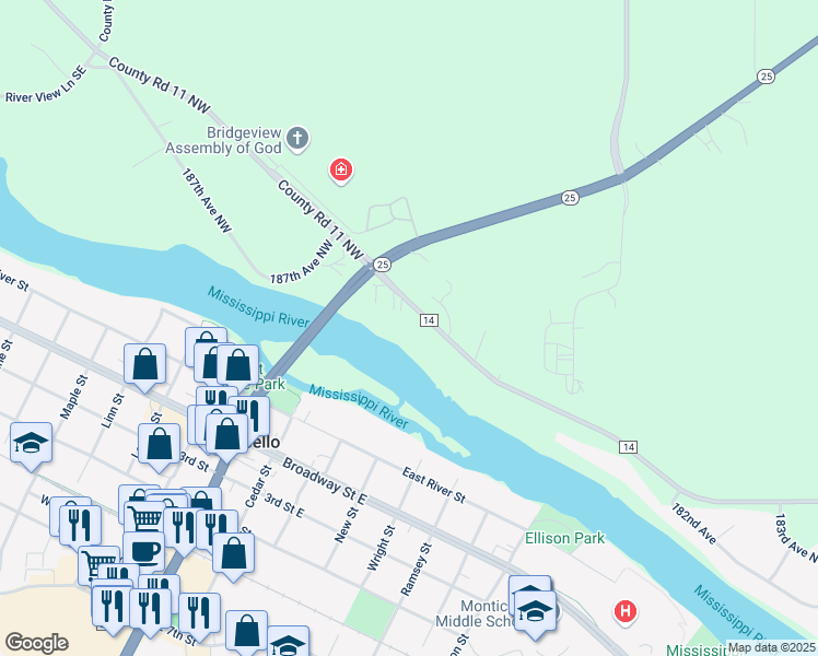 map of restaurants, bars, coffee shops, grocery stores, and more near 20271 County Road 14 in Big Lake