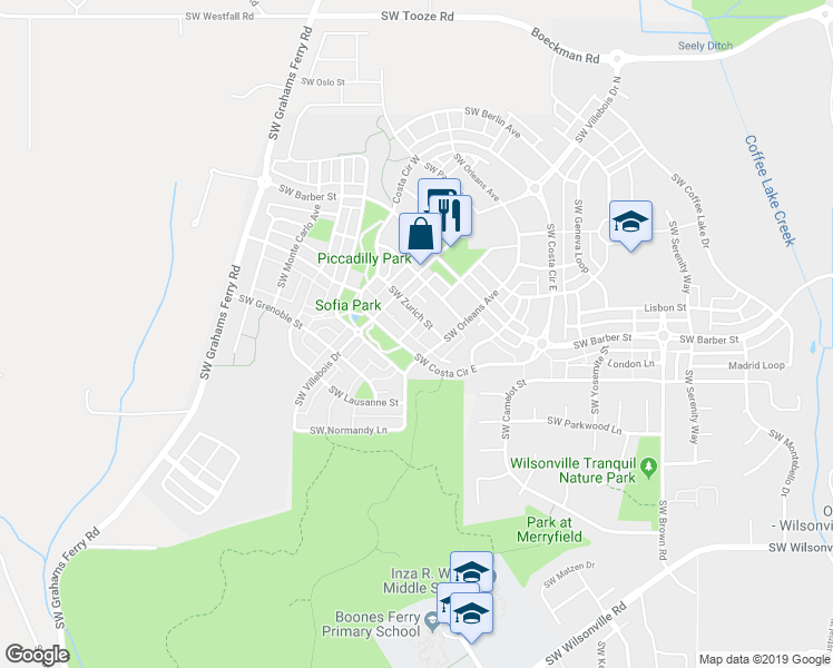 map of restaurants, bars, coffee shops, grocery stores, and more near 29185 Bergen Lane in Wilsonville