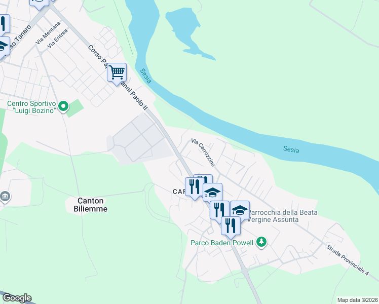 map of restaurants, bars, coffee shops, grocery stores, and more near 36A Via Carrozzino in Vercelli