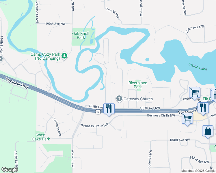 map of restaurants, bars, coffee shops, grocery stores, and more near 18437-18799 Troy Street Northwest in Elk River