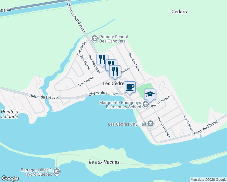 map of restaurants, bars, coffee shops, grocery stores, and more near 1260 Chemin du Fleuve in Les Cèdres