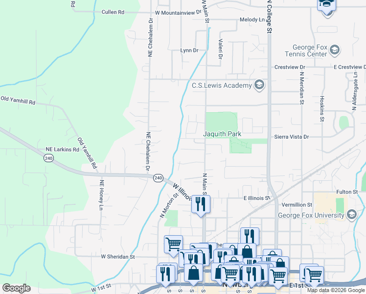 map of restaurants, bars, coffee shops, grocery stores, and more near 129 Nicholas Way in Newberg
