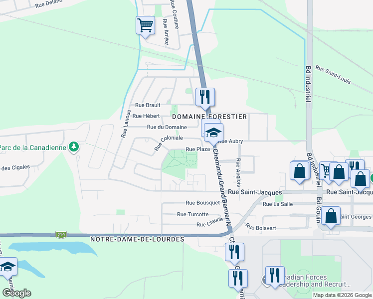 map of restaurants, bars, coffee shops, grocery stores, and more near Rue Plaza in Saint-Jean-sur-Richelieu