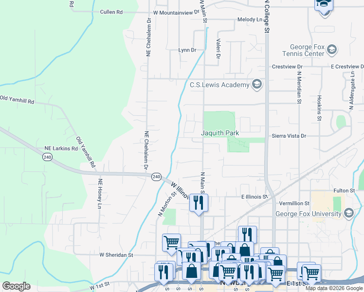 map of restaurants, bars, coffee shops, grocery stores, and more near 129 Nicholas Way in Newberg