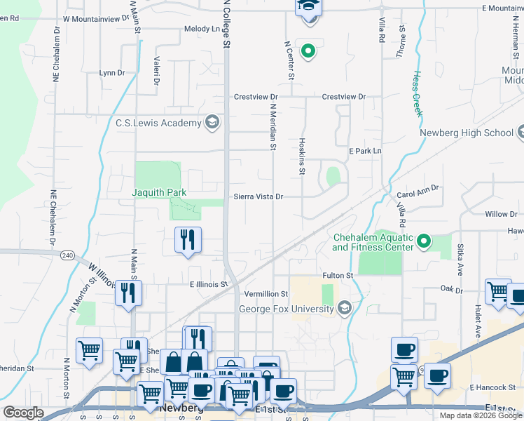 map of restaurants, bars, coffee shops, grocery stores, and more near 816 Sierra Vista Drive in Newberg