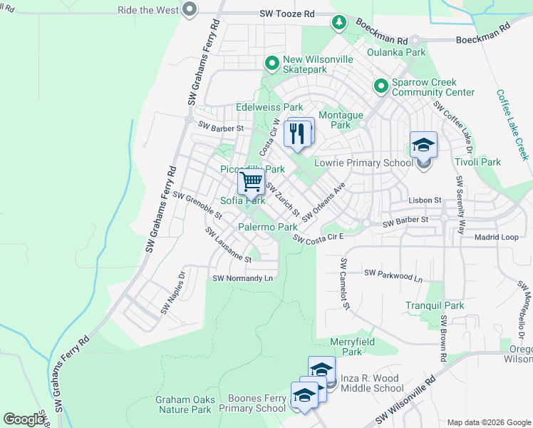 map of restaurants, bars, coffee shops, grocery stores, and more near 28765 Costa Circle East in Wilsonville