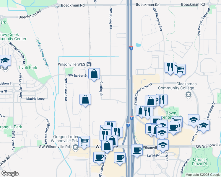 map of restaurants, bars, coffee shops, grocery stores, and more near 9257 Southwest Peyton Lane in Wilsonville