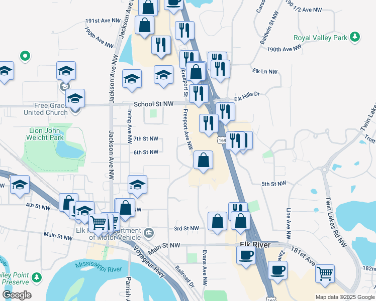 map of restaurants, bars, coffee shops, grocery stores, and more near 618 Jefferson Lane Northwest in Elk River
