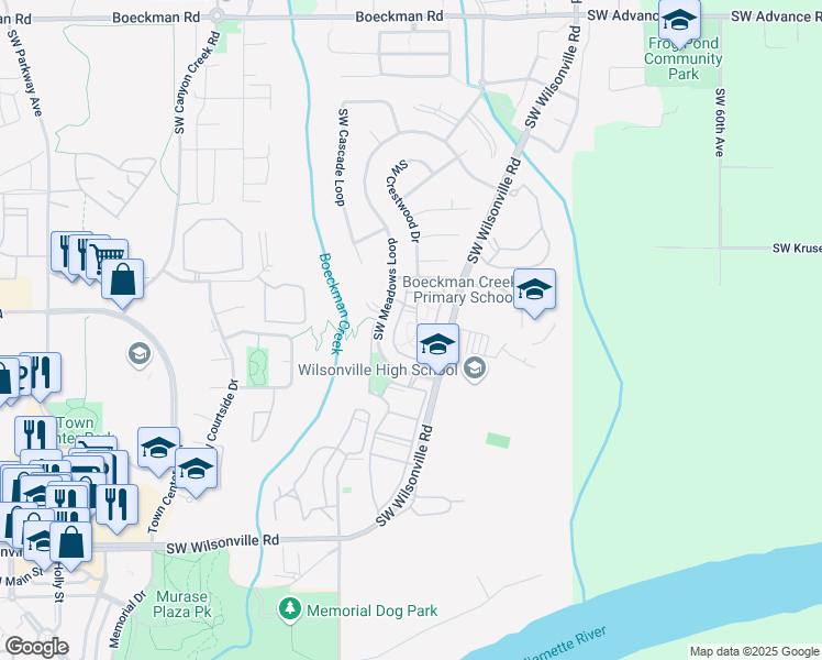 map of restaurants, bars, coffee shops, grocery stores, and more near 29019 Southwest Meek Loop in Wilsonville