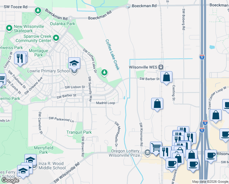 map of restaurants, bars, coffee shops, grocery stores, and more near 10211 Southwest Barber Street in Wilsonville