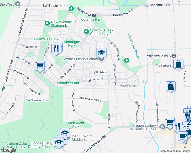 map of restaurants, bars, coffee shops, grocery stores, and more near 10855 Southwest Barber Street in Wilsonville