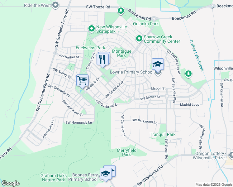 map of restaurants, bars, coffee shops, grocery stores, and more near 11234 Southwest Barber Street in Wilsonville