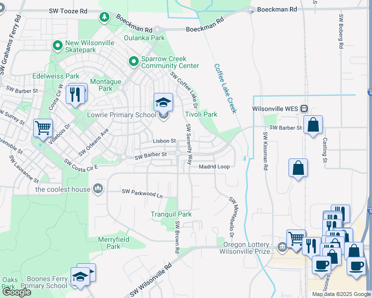 map of restaurants, bars, coffee shops, grocery stores, and more near 10535 Southwest Barber Street in Wilsonville