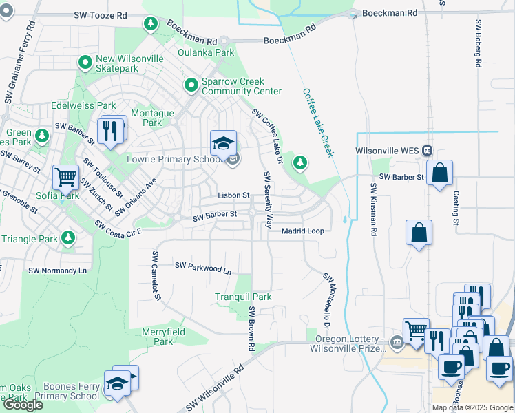 map of restaurants, bars, coffee shops, grocery stores, and more near 10591 Southwest Barber Street in Wilsonville