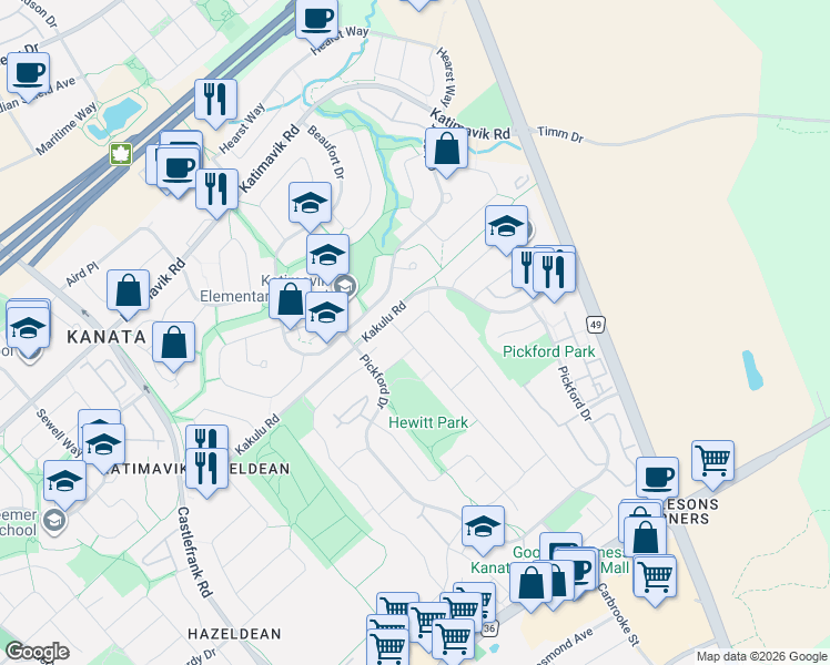 map of restaurants, bars, coffee shops, grocery stores, and more near 109 Belleview Drive in Ottawa