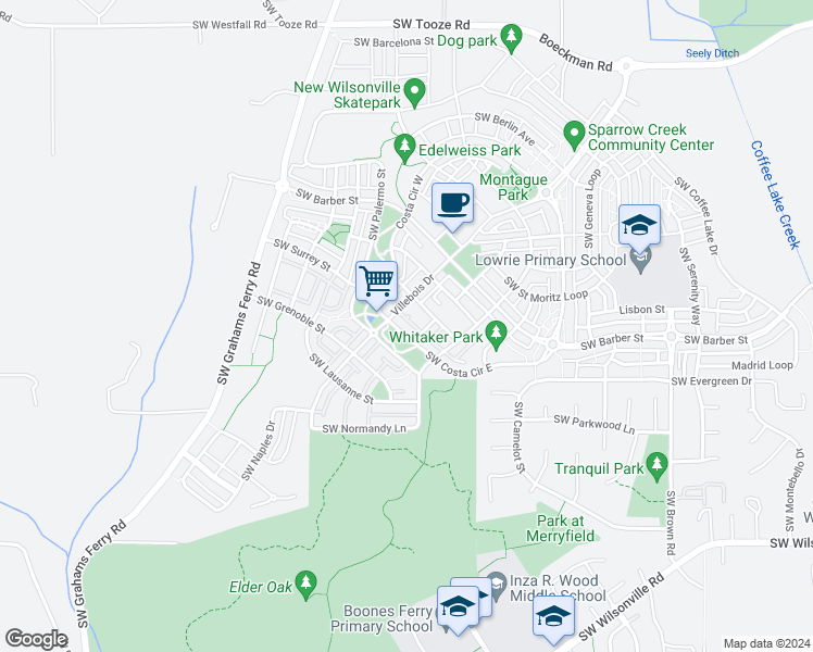 map of restaurants, bars, coffee shops, grocery stores, and more near 28745 Southwest Costa Circle East in Wilsonville