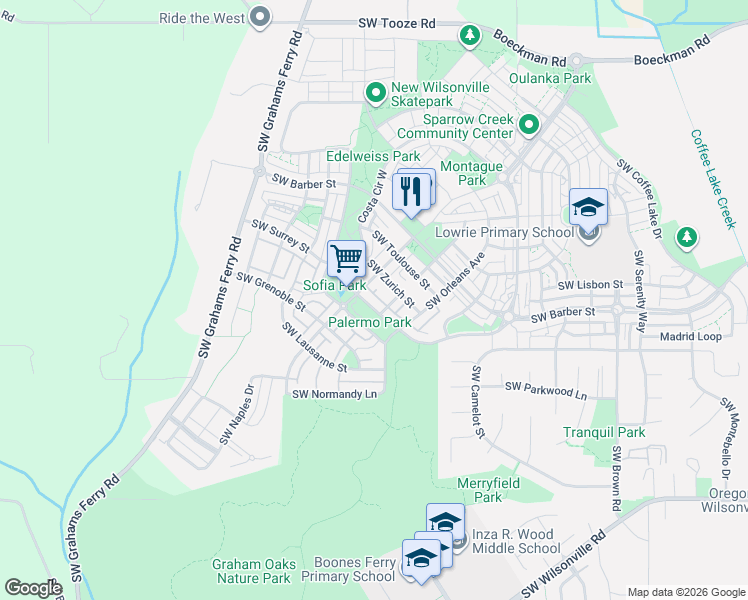 map of restaurants, bars, coffee shops, grocery stores, and more near 28745 Southwest Costa Circle East in Wilsonville
