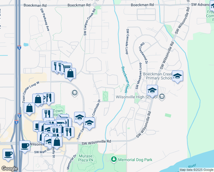map of restaurants, bars, coffee shops, grocery stores, and more near 7651 Southwest Wimbledon Circle North in Wilsonville