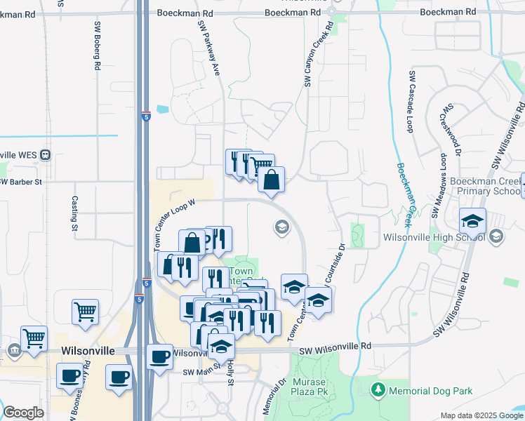 map of restaurants, bars, coffee shops, grocery stores, and more near 29333 Southwest Town Center Loop East in Wilsonville