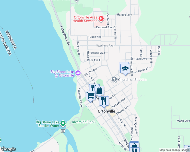 map of restaurants, bars, coffee shops, grocery stores, and more near 313 Washington Avenue in Ortonville