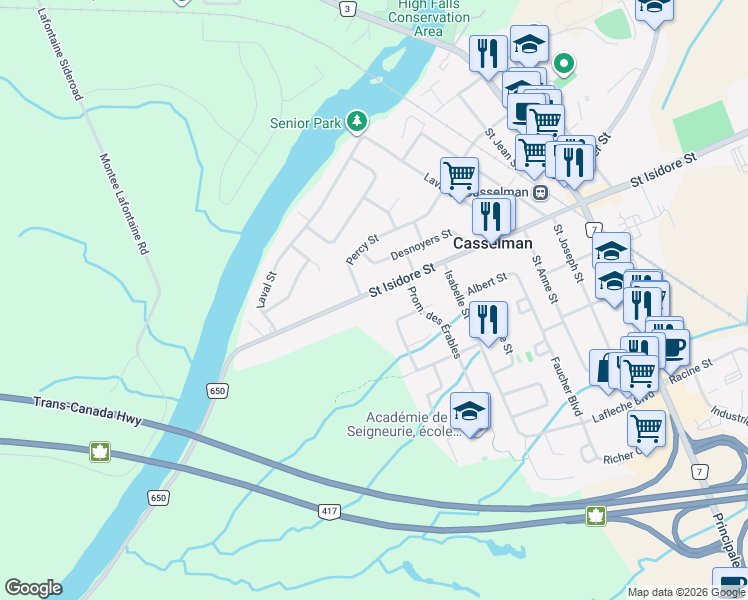 map of restaurants, bars, coffee shops, grocery stores, and more near 737 Saint Isidore Road in Casselman