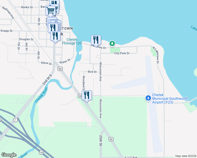 map of restaurants, bars, coffee shops, grocery stores, and more near 223 Wisconsin Ave in Chetek