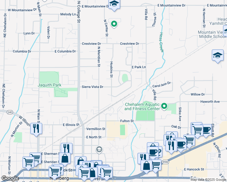 map of restaurants, bars, coffee shops, grocery stores, and more near 1204 Hoskins Street in Newberg