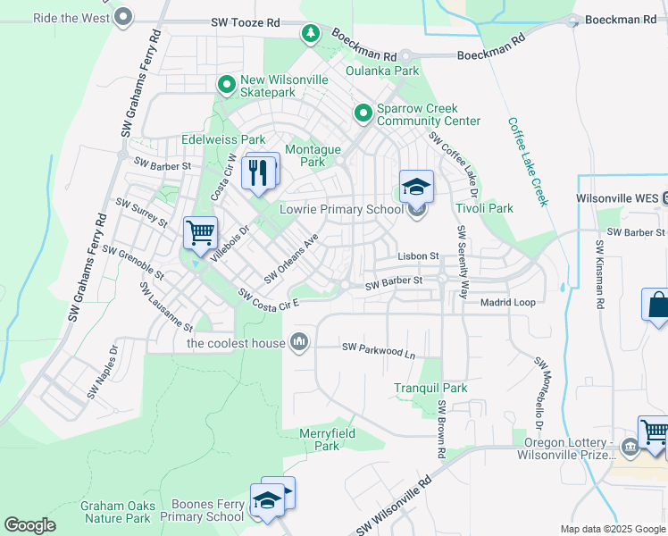 map of restaurants, bars, coffee shops, grocery stores, and more near 29285 Southwest Costa Circle East in Wilsonville
