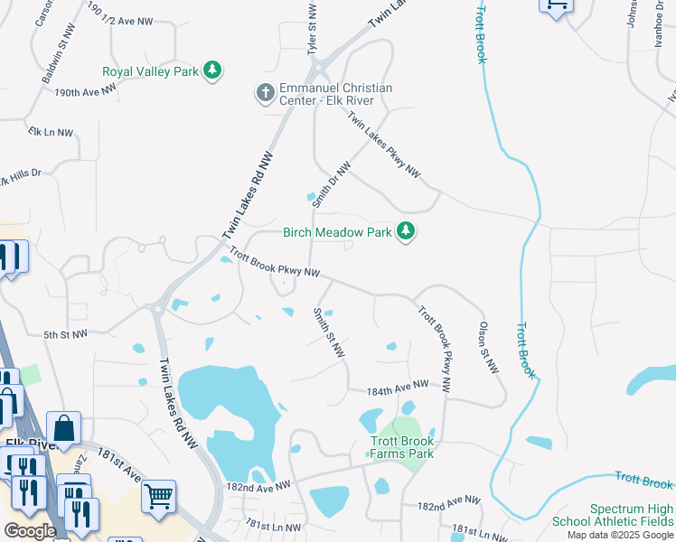 map of restaurants, bars, coffee shops, grocery stores, and more near 18663 Trott Brook Parkway Northwest in Elk River