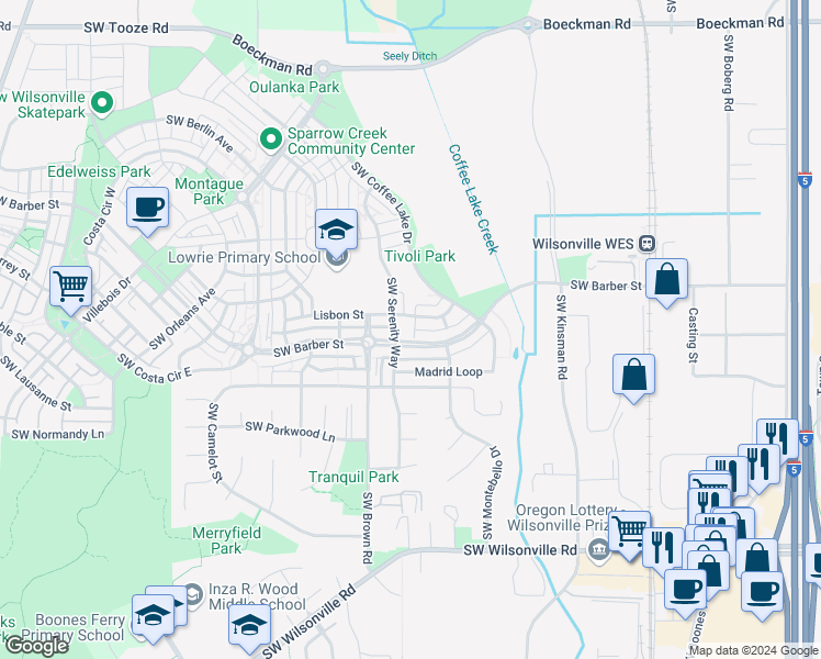map of restaurants, bars, coffee shops, grocery stores, and more near 10423 Southwest Barber Street in Wilsonville