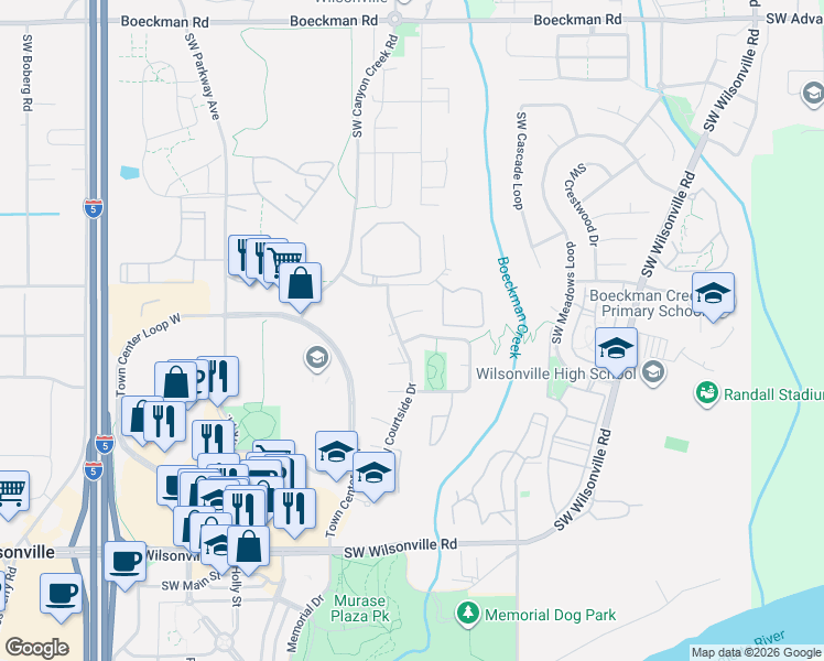 map of restaurants, bars, coffee shops, grocery stores, and more near 7753 Southwest Wimbledon Circle North in Wilsonville
