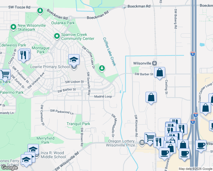 map of restaurants, bars, coffee shops, grocery stores, and more near 10211 Southwest Barber Street in Wilsonville