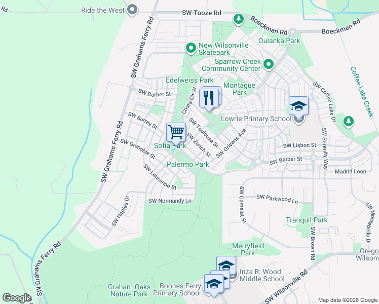 map of restaurants, bars, coffee shops, grocery stores, and more near 29185 Bergen Lane in Wilsonville