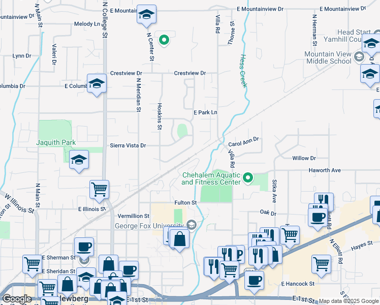 map of restaurants, bars, coffee shops, grocery stores, and more near 1221 Fulton Street in Newberg